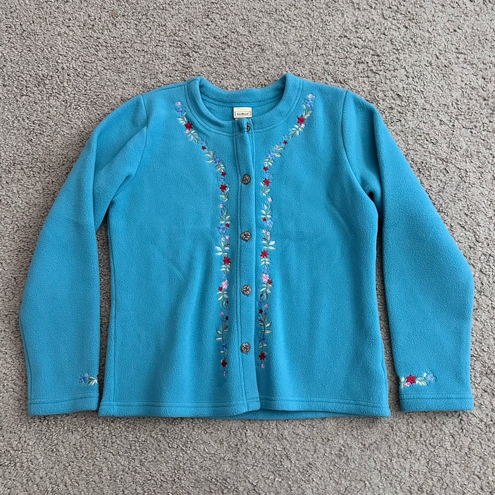 L.L.Bean Floral Embroidered Polartec Fleece Cardigan Womens S